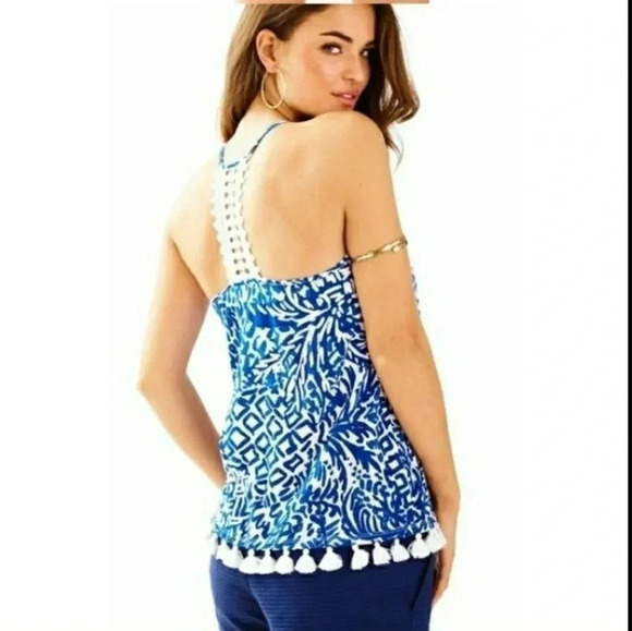 Lilly Pulitzer Nya Tank Blue White Racerback Crochet Lace Stretch Pom Trim XXS - Picture 2 of 13